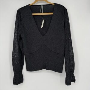 By Anthropologie Woven-Sleeve‎ Twofer Sweater in Black Noir Women's Size XL New